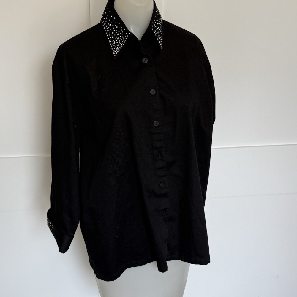 Christine Alexander Rhinestone Collar/Sleeve Black Button Down Vintage Y2K Med